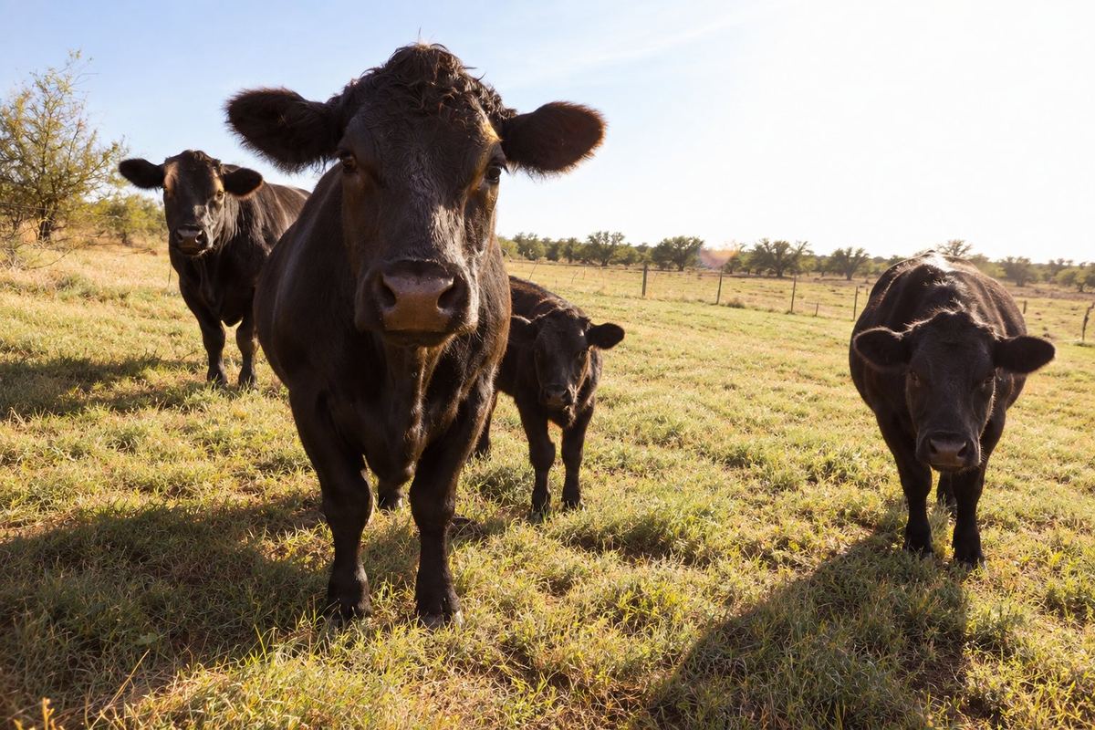 Black cows and a calf walking up through a sunny pasture