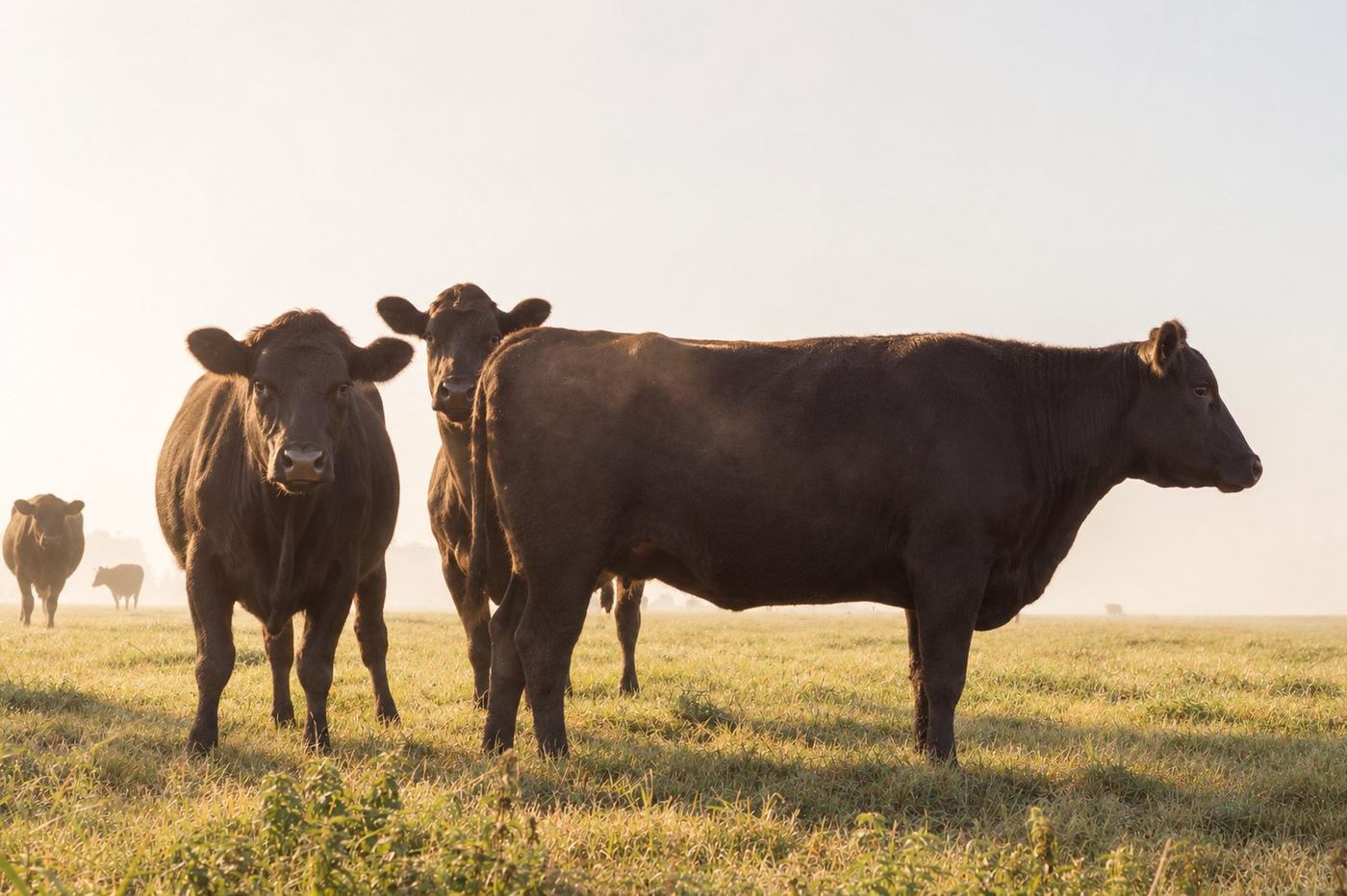 Black cattle grazing on open pasture in early morning light