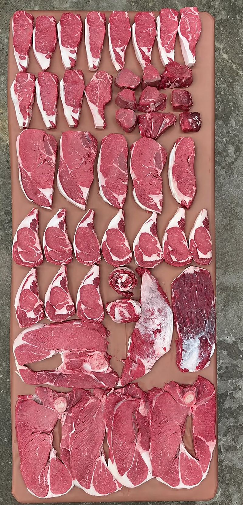Every cut from an eighth share laid out on a butcher table: steaks, roasts, ribs and ground beef