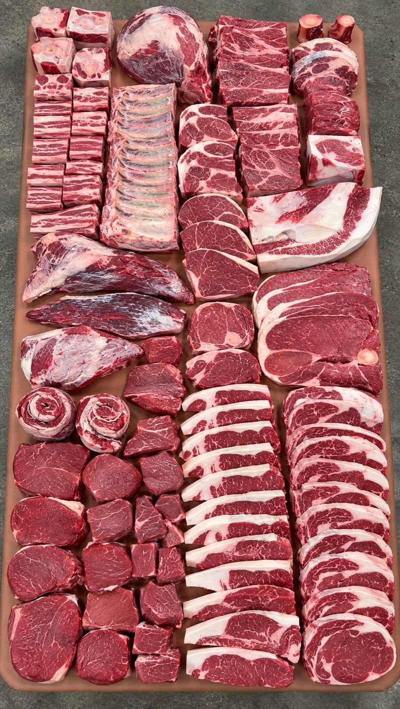 Every cut from a half share laid out on a butcher table: steaks, roasts, ribs and ground beef