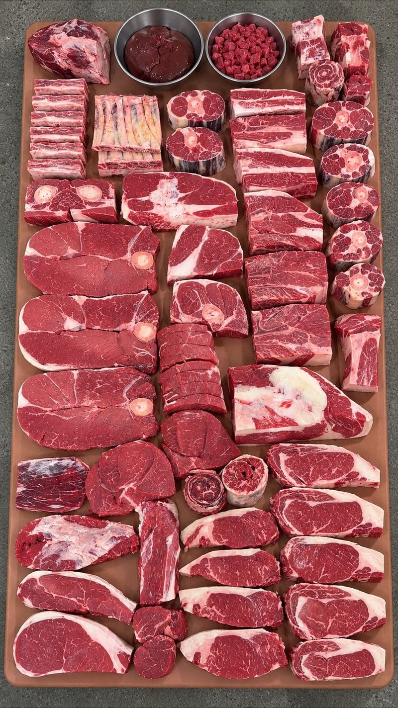 Every cut from a quarter share laid out on a butcher table: steaks, roasts, ribs and ground beef