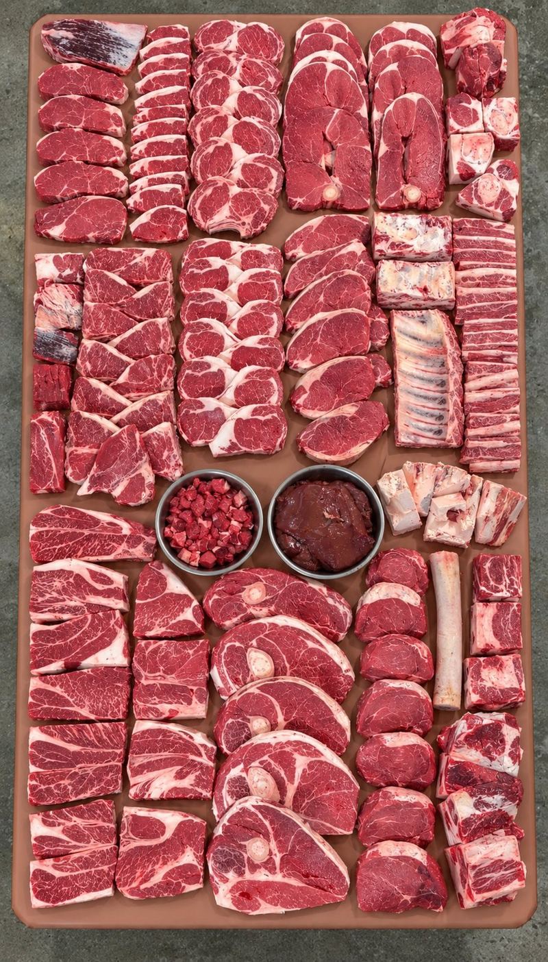 Every cut from a whole share laid out on a butcher table: steaks, roasts, ribs and ground beef
