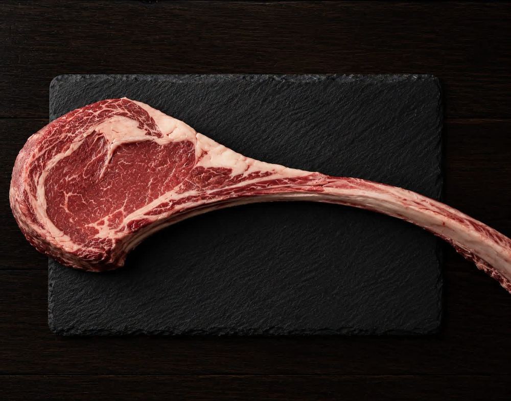 A raw bone-in tomahawk steak on a dark slate board
